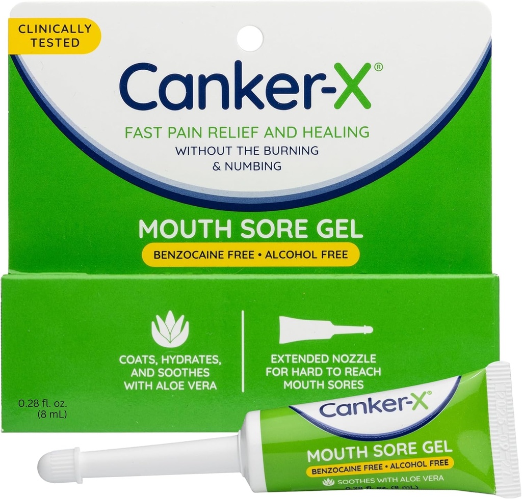 Gel douloureux de la bouche de Canker-X, soulagement rapide de la douleur et guérison pour les plaies de la bouche de Canker, les piqûres de cheek et les abrasions buccales, gel de soulagement de la douleur orale, sans benzocaine et sans alcool, adultes et enfants 6+ Années, 0,28 fl oz