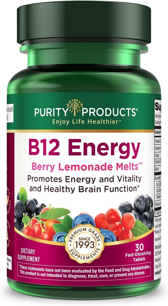 Purity Products B-12 Energy Berry Lemonade Melt w/Super Fruits Methylcobalamin B12 - Vitamins B6, D3, Folic Acid and Biotin - High Absorption MecobalActive B 12-30 Melting Tablets
