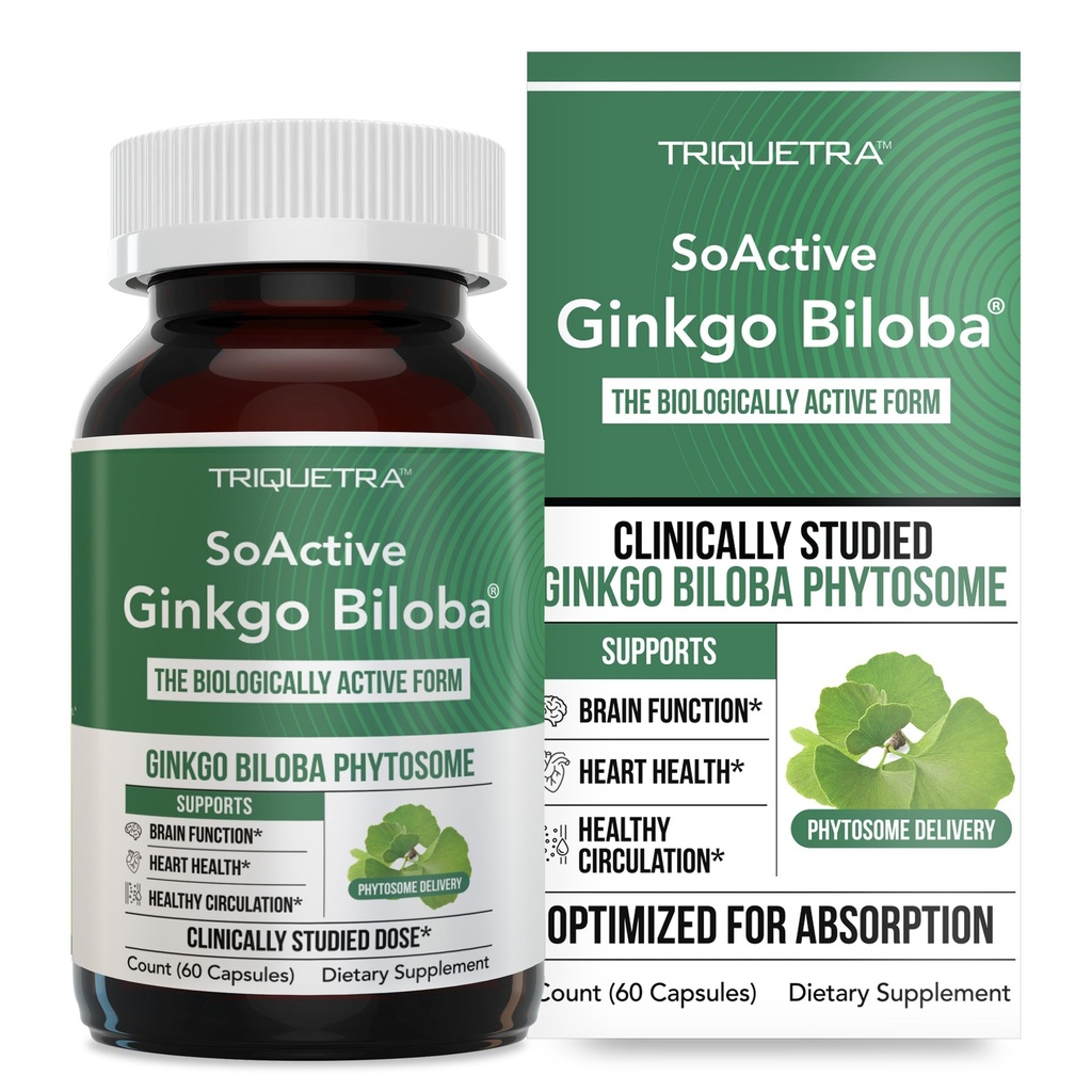 SoActive Ginkgo Biloba avec GinkgoSelect® Phytosome.Studié cliniquement Absorption améliorée pour le cerveau, le coeur et le soutien mémoire – 180 mg – Aide à maintenir la circulation et la santé cognitive (60 capsules)