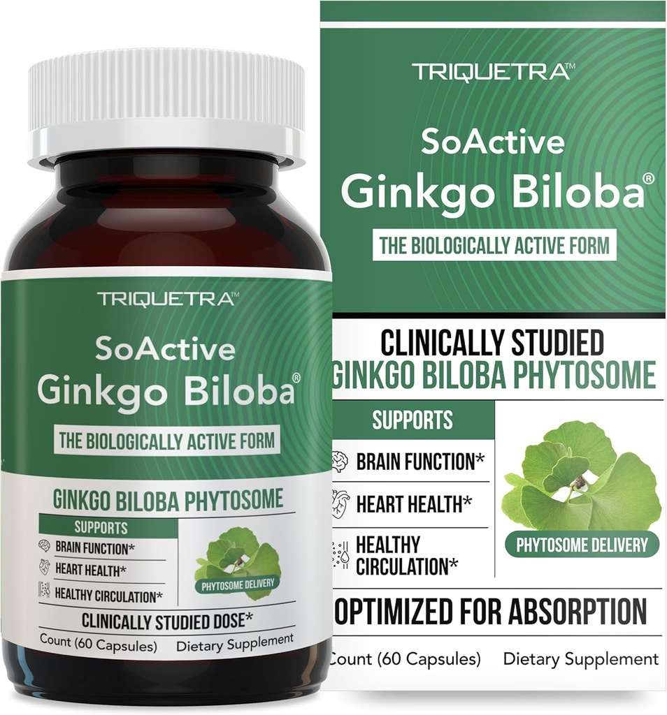 SoActive Ginkgo Biloba avec GinkgoSelect® Phytosome.Studié cliniquement Absorption améliorée pour le cerveau, le coeur et le soutien mémoire – 180 mg – Aide à maintenir la circulation et la santé cognitive (60 capsules)