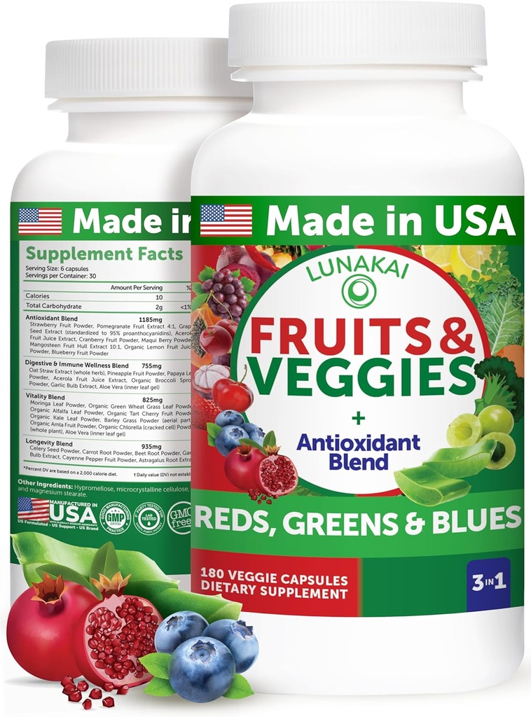 Lunakai USA Superfood Fruits & Veggies Supplément - All-in-One avec 4 Mélanges & Capsules Parfumées, Capsules Super Veggie 180ct pour Adultes