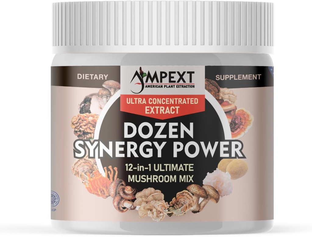 12-en-1 Dozen Synergy Power: Complexe Premium de 12 extraits de champignons du corps soigneusement sélectionnés, soutenant l'immunité, les fonctions cognitives et cardiovasculaires