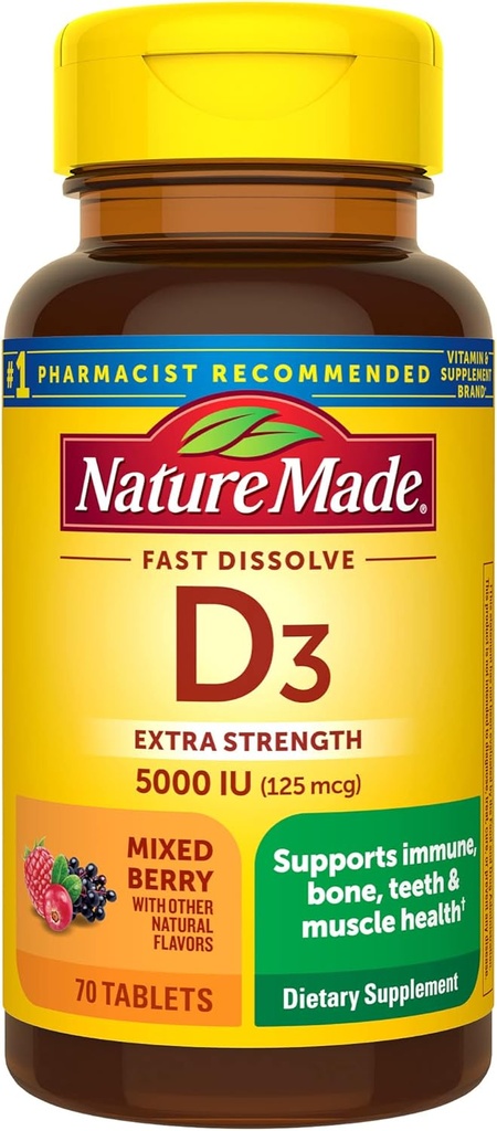 Nature faite de vitamine D3 5000 UI (125 mcg) Extra force, supplément de vitamine D pour le soutien immunitaire, 70 comprimés sans sucre rapidement dissous, 70 jours d'approvisionnement