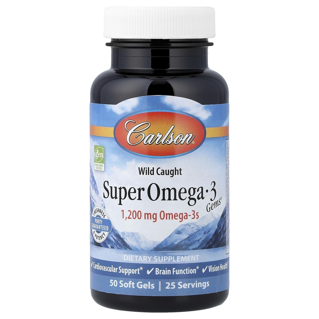 Carlson - Super Omega-3 Gems, 1200 mg Omega-3s, prise sauvage, source durable, 50 gels mous