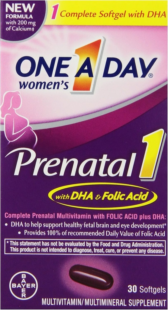 Un jour pour les femmes prénatales 1 Multivitamine, supplément pour avant, pendant et après la grossesse, y compris les vitamines A, C, D, E, B6, B12 et Oméga-3 DHA, 30 comtes