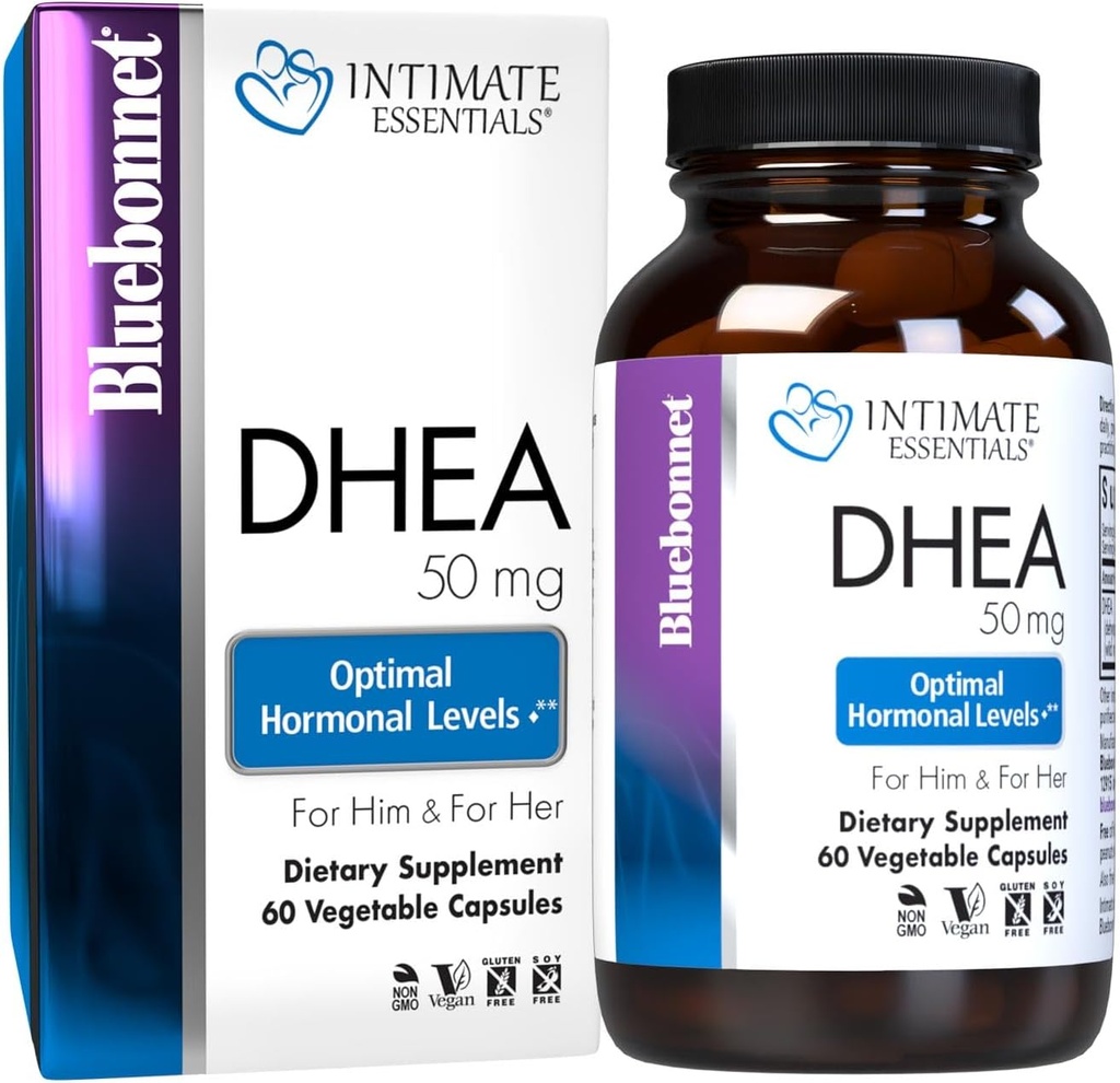 BlueBonnet Nutrition Intimate Essentials DHEA 50mg, pour la fonction de fertilité et les niveaux d'hormones optimales chez les hommes et les femmes*, non OGM, végétalien, sans gluten, 60 capsules végétales, 60 portions