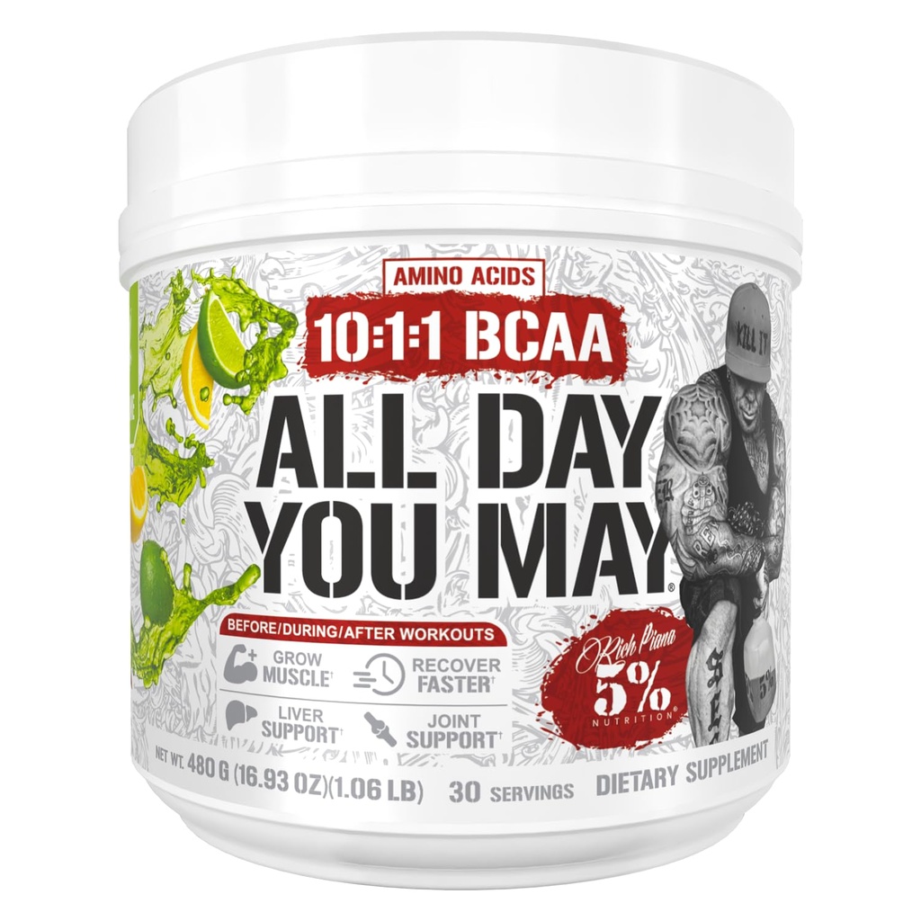 5% Nutrition Rich Piana AllDayYouMay BCAA Powder | Premium Intra & Post Workout Amino Acids, EAA, Electrolytes for Endurance, Hydration, Muscle Recovery, Joint & Liver Support | 30 Srvgs (Lemon Lime)