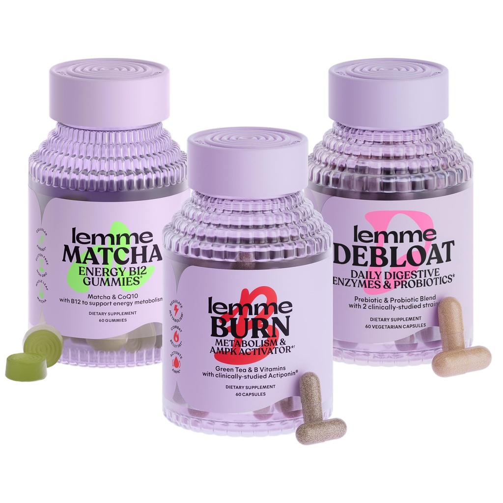 Lemme Burn, Debloat & Matcha Bundle - Métabolisme et Fat Burning Capsules + Bloating & Gas Relief Capsules + Energy B12 Gummies - Sans gluten, sans OGM - 60 ct. ea