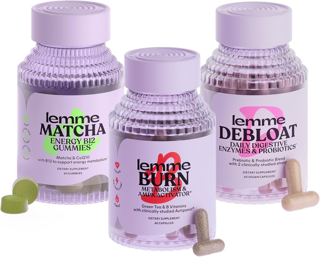 Lemme Burn, Debloat & Matcha Bundle - Métabolisme et Fat Burning Capsules + Bloating & Gas Relief Capsules + Energy B12 Gummies - Sans gluten, sans OGM - 60 ct. ea