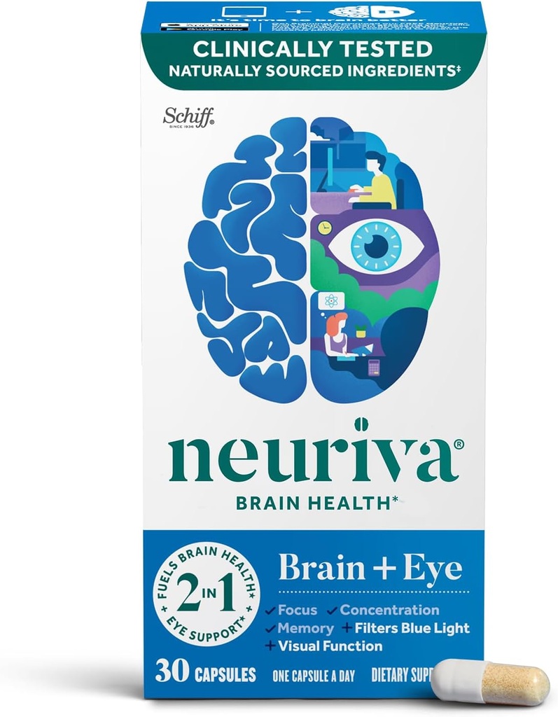 NEURIVA Cerveau + Supplément œil pour mémoire, focus et concentration avec lutéine et vitamines A C E et zinc pour la santé des yeux et Zeaxanthin pour filtrer la lumière bleue, 30ct Capsules