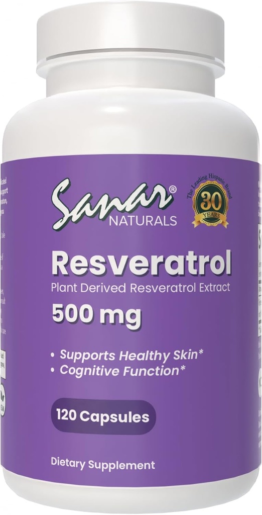 Sanar Naturals Resveratrol Supplement 500 mg – Supports Healthy Aging, Cognitive Function, and Heart Health - Plant Based Trans Resveratrol - Vegan, Non-GMO, 120 Capsules