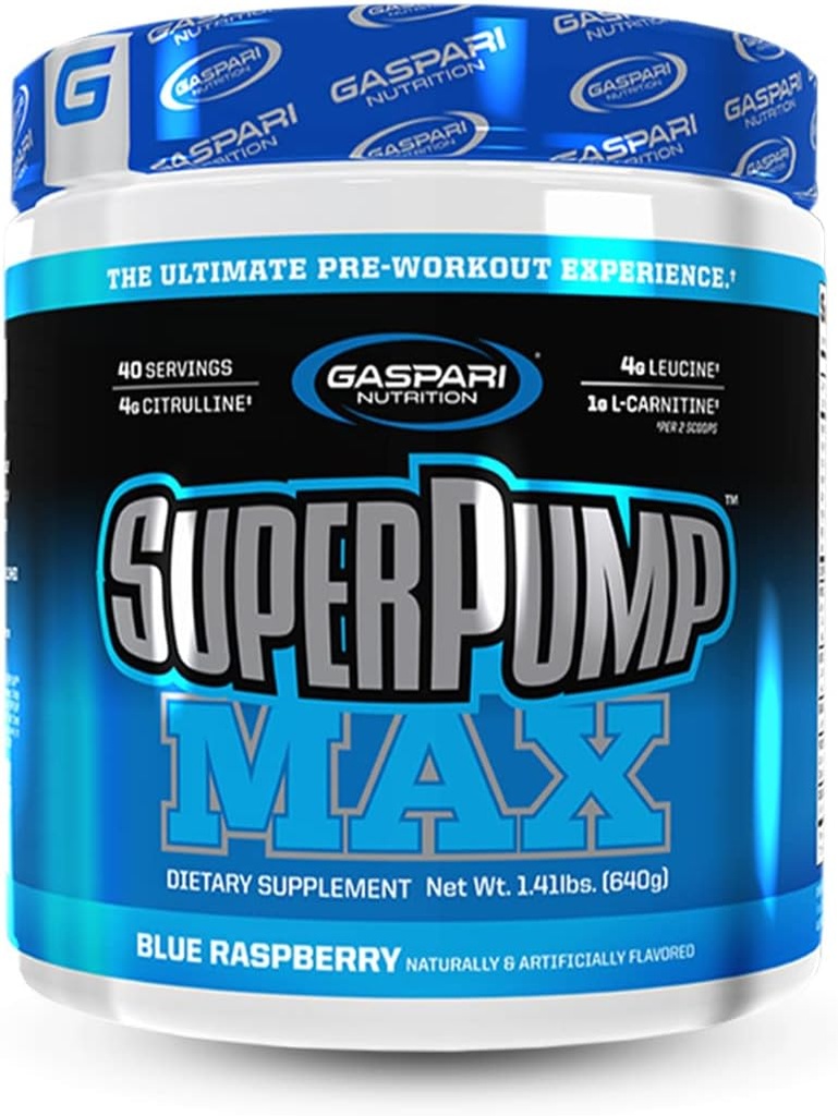 Gaspari Nutrition SuperPump MAX, la poudre de pré-entraînement ultime, pré-entraînement énergétique durable, booster à oxyde nitrique, croissance musculaire, récupération et réapprovisionne électrolytes (40 portions, glace framboise bleue)