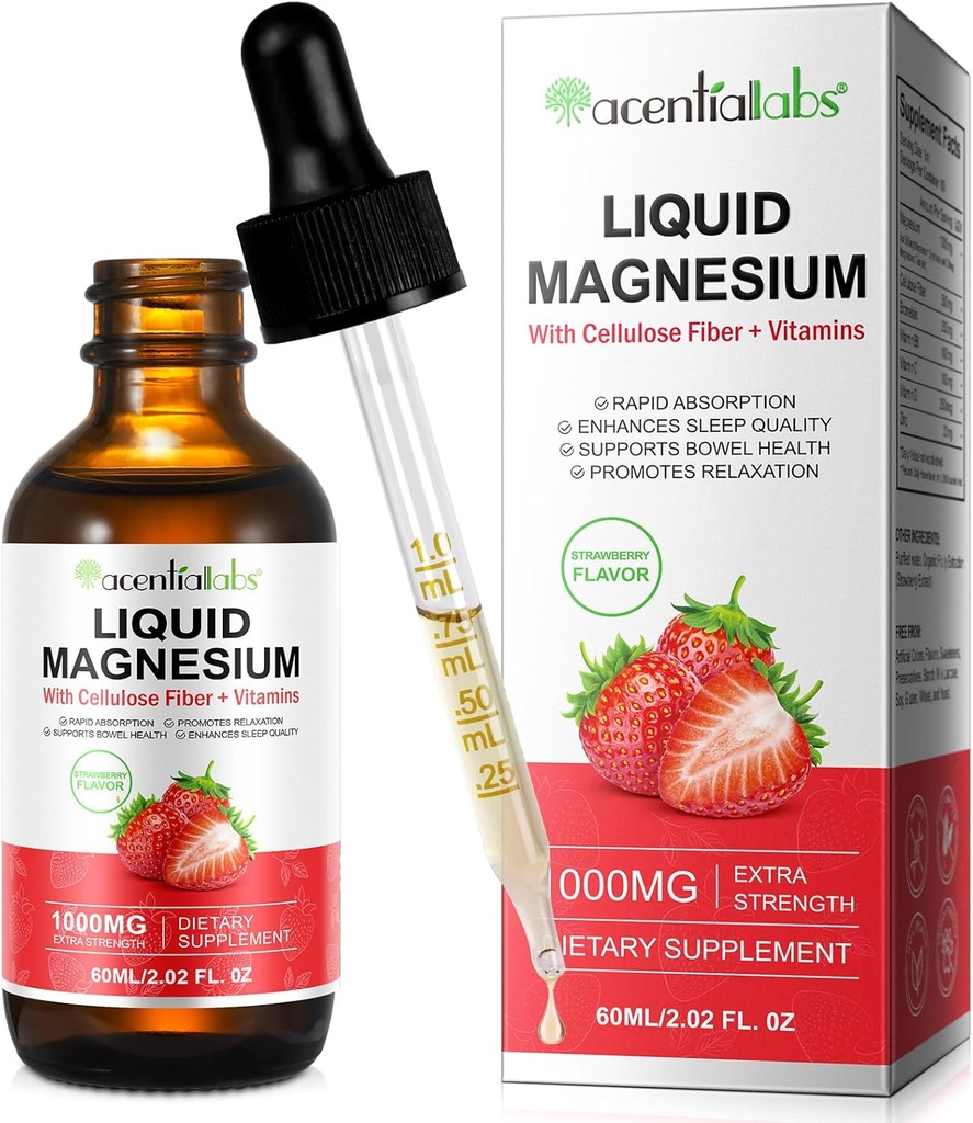 Magnésium Glycinat liquide,Liquide Magnésium 1000Mg, Gouttes de magnésium,Liquide supplément de magnésium,avec fibre de cellulose, Vitamine B6, C, D, Zinc, Santé digestive,Promousses Relaxation,Pas de sucre,2 Fl Oz