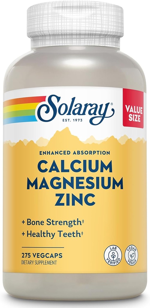 SOLARAY Calcium Magnesium Zinc Supplement - with Calcium 1000mg, Magnesium 500mg - Bone Health, Muscle Function, Heart Health and Immune Support - Vegan, 60 Day Guarantee, 68 Servings, 275 VegCaps