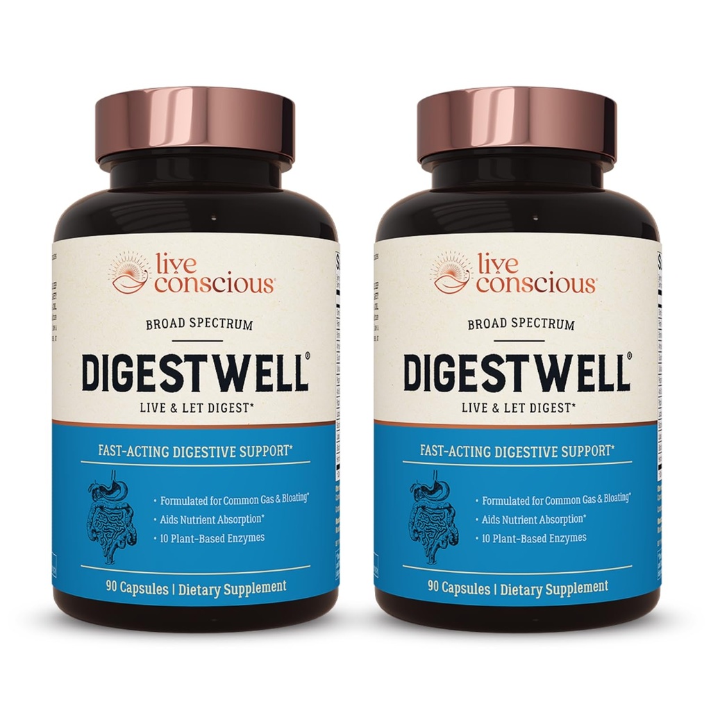 Live Conscient DigestWell Support Immédiate - Soutien Digestionnel à Action Rapide.Enzyme de spectre large, formule probiotique et à base de plantes - Diminue le gaz quotidien et le ballonnement - 90 Capsules (2-Pack)