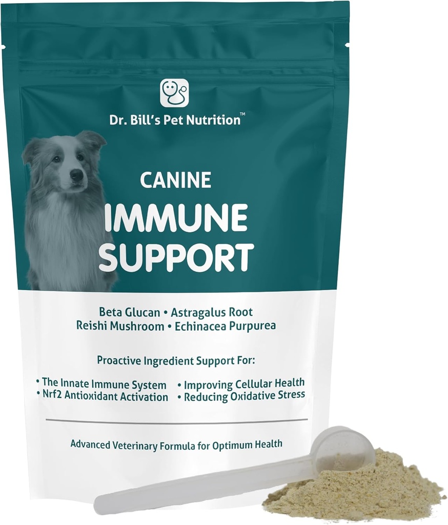 Le Dr Bills Canine Immune Support de Stimule l'immunité et la santé des chiens avec Colostrum, Beta Glucan, Turkey Tail Mushroom, Zinc et vitamine C. Supplément en poudre pour chiens de tous âges