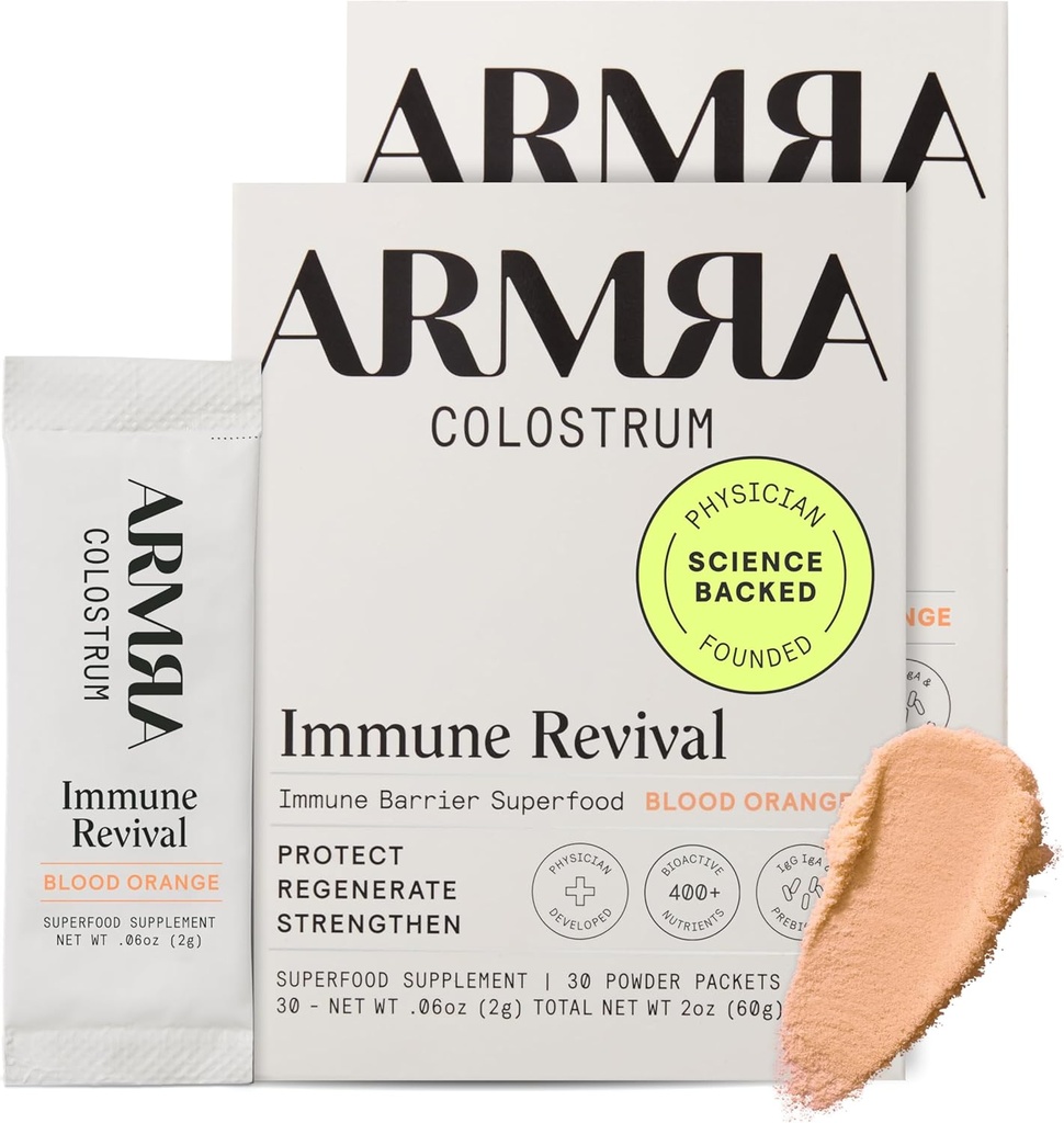 ARMRA ColostrumTM Poudre de sang Oranges Bloating & Santé de la peau et des cheveux Immunition de la peau et des cheveux Keto, gluten et sans gras 60 portions