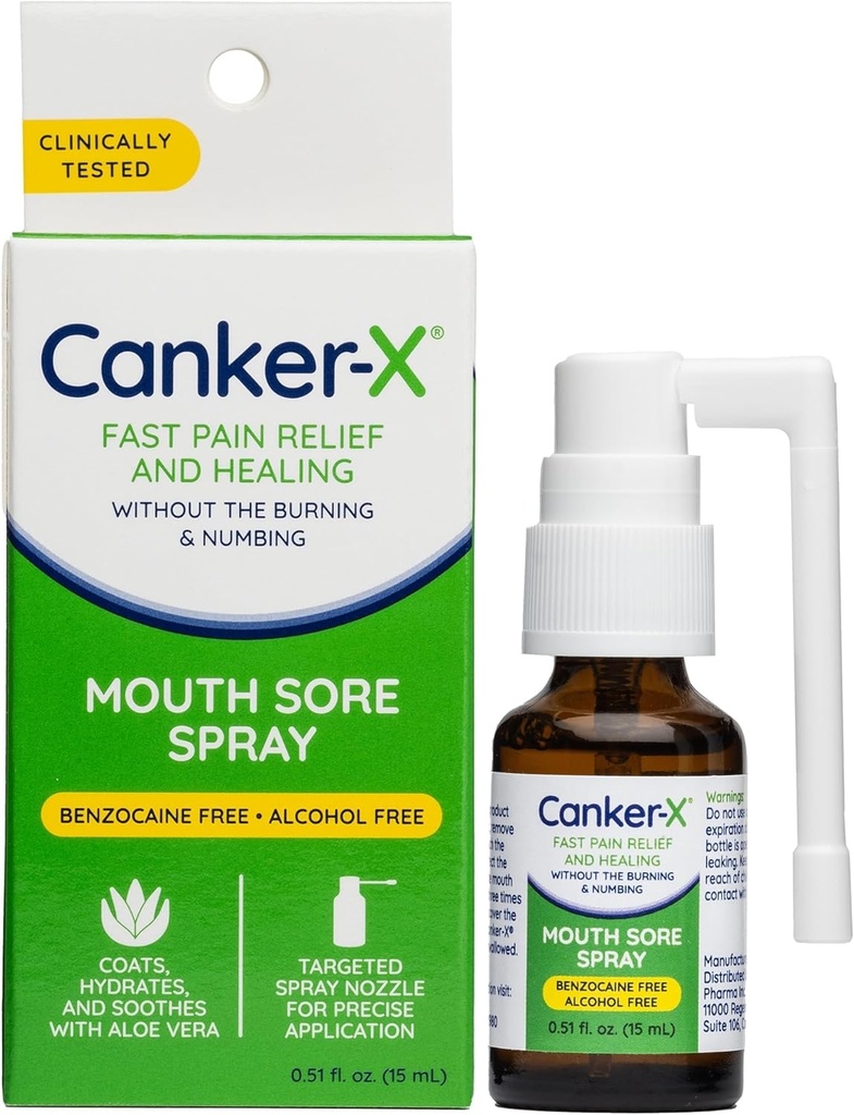 Vaporisateur de la bouche Canker-X, soulagement de la douleur orale des plaies de la bouche Canker, brûlures et plus, pas de brûlure et de numération, traitement sans benzocaine et sans alcool Ulcer bouche, spray ciblé Buse, 0,51 Fl. Oz.