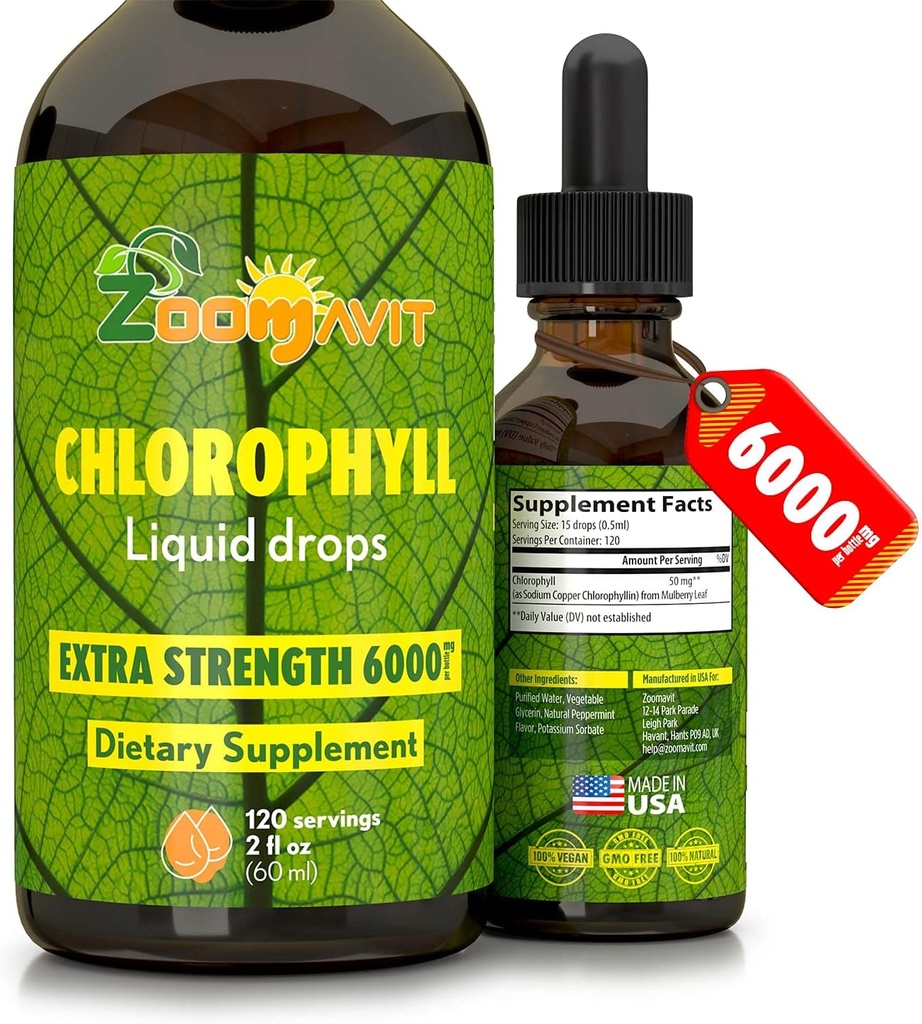 Chlorophyll Liquid Drops 100% Organic Vegan - Supplément de booster du système d'énergie et d'Immune avec saveur de menthe pour l'eau - Désodorisant interne naturel - Extra Strength 6000mg 120 Servants