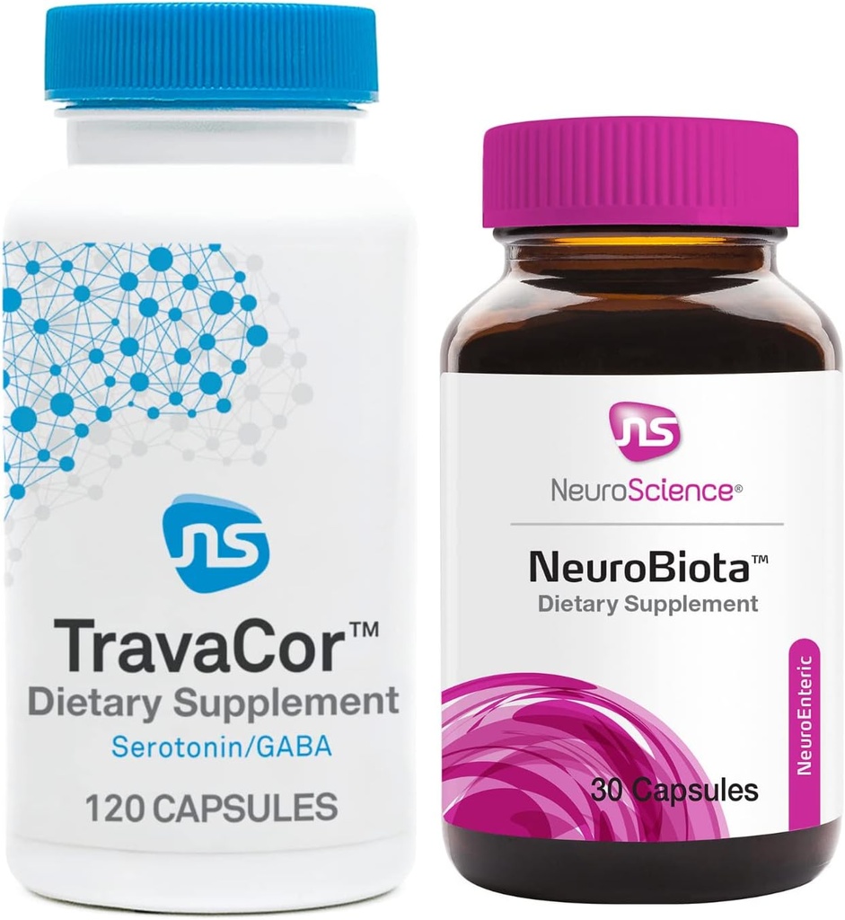 NeuroScience NeuroBiota (30 capsules) + TravaCor (120 capsules) Ensemble de soutien de l'humeur - Probiotique de l'humeur + Supplément pour aider à réduire le stress + Anxiosité - Immune + GI santé (2 produits)