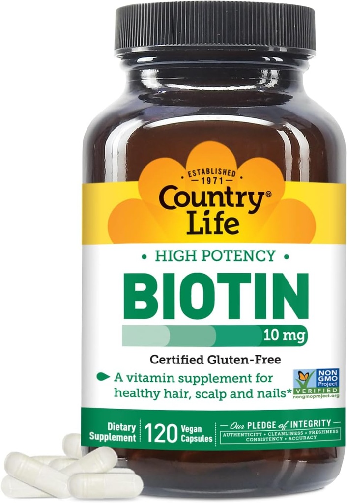 Country Life High-Potency Biotin 10mg - Supplément de biotine végétalien et sans gluten pour la peau et les ongles, métabolisme énergétique - Biotine 10000mcg Capsules