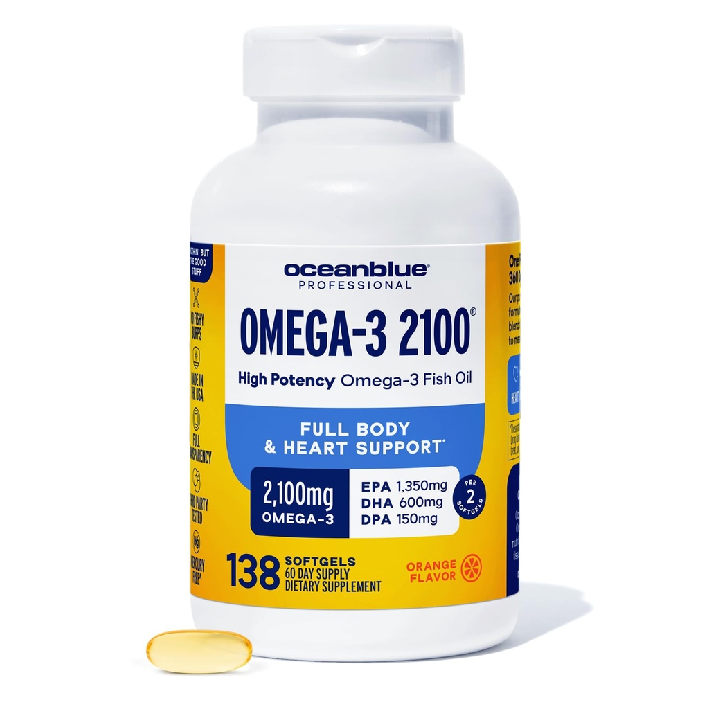 Oceanblue Professional Triple Strength Omega DPA Suppléments à l'huile de poisson 2100mg, High Potency EPA DHA, Wild Caught, Burpless, 69 portions (138 Comte d'arôme naturel orange)