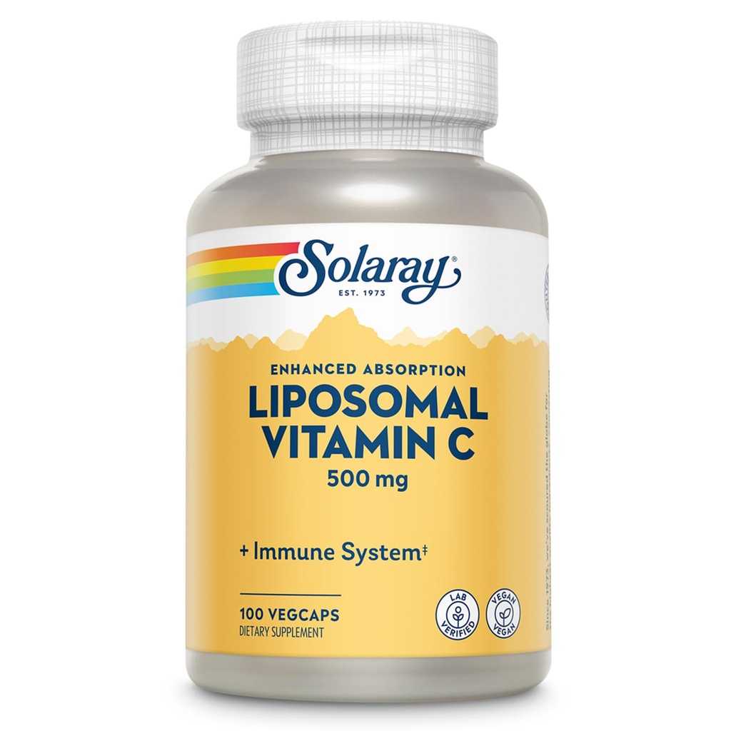 SOLARAY Vitamine liposomique C 500mg - Amélioré Absorption Vitamine C Mélange liposomique avec acides gras - Supplément de soutien antioxydant et immunitaire - Vegan, garantie de 60 jours, 100 portions, 100 VegCaps
