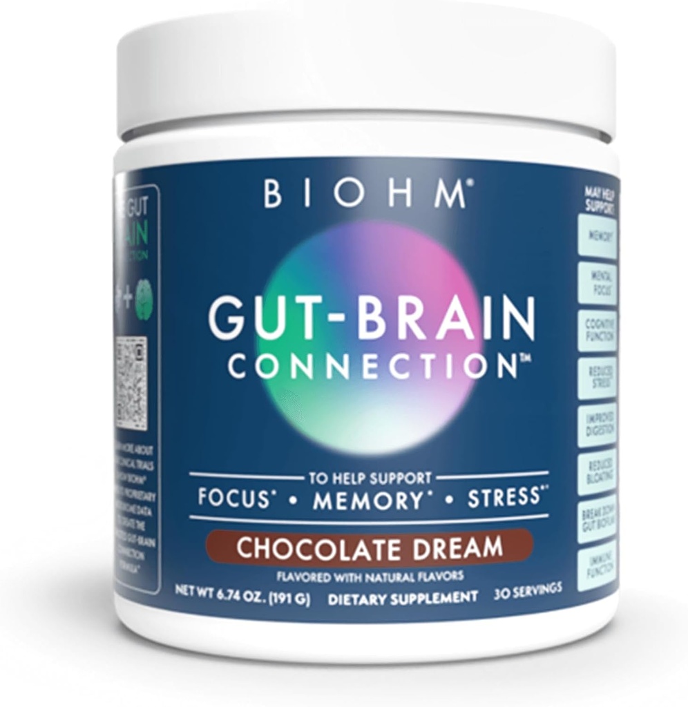BIOHM Gut-Brain Connection Memory & Focus Supplement (6.74 Oz, 30 portions) soutient la santé de Gut et le bien-être cognitif, aide à améliorer l'humeur, les probiotiques, la Mane de Lion et Bacopa Monneiri, le chocolat parfumé