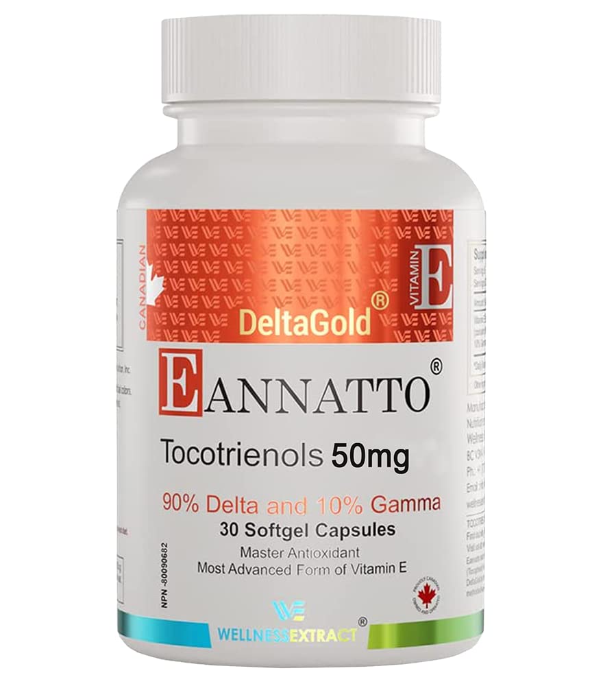 EXTRACT Eannatto Tocotriénols Deltagold suppléments de vitamine E softgels, sans tocophérol, soutient la santé immunitaire, non-OGM, sans gluten et antioxydant (50MG 30 softgels).