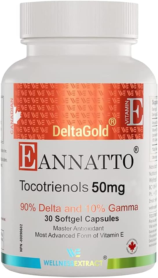 EXTRACT Eannatto Tocotriénols Deltagold suppléments de vitamine E softgels, sans tocophérol, soutient la santé immunitaire, non-OGM, sans gluten et antioxydant (50MG 30 softgels).