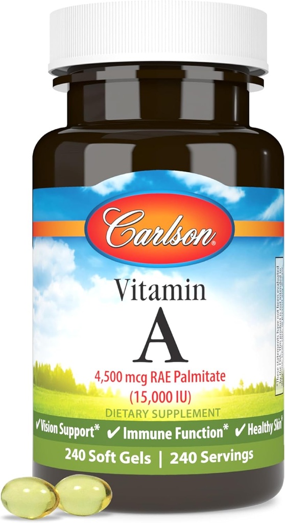 Carlson - Vitamine A, 15000 UI Palmitate (4500 mcg RAE), Vision santé et peau saine, fonction immunitaire, 240 softgels