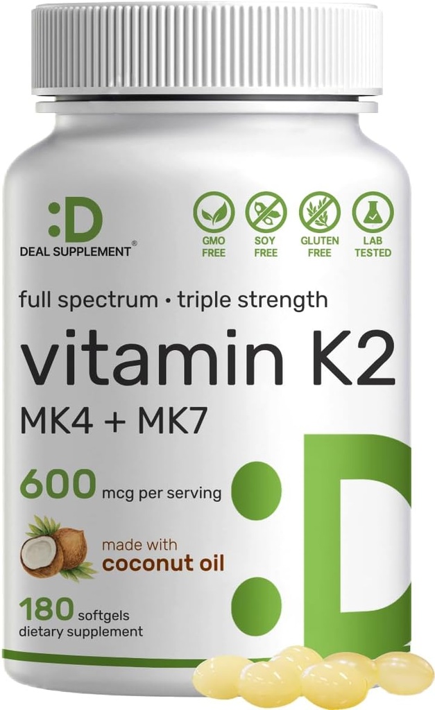 SUPPLÉMENT DE DÉAL Vitamine K2 Supplément 600mcg, 180 softgels d'huile de coco.