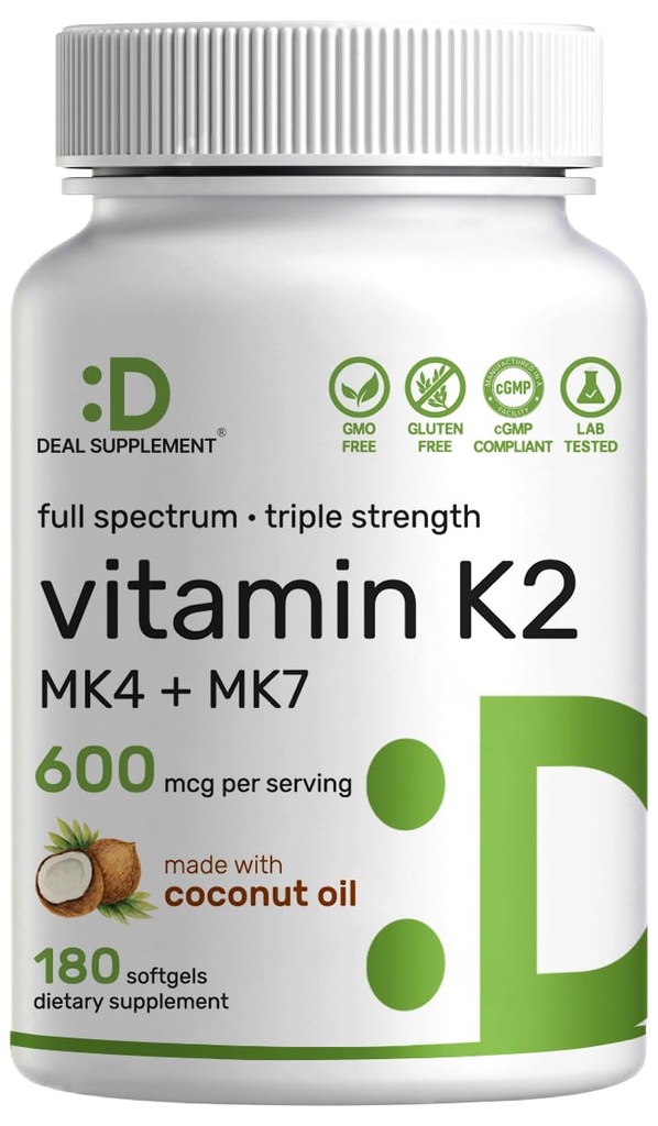 SUPPLÉMENT DE DÉAL Vitamine K2 Supplément 600mcg, 180 softgels d'huile de coco.