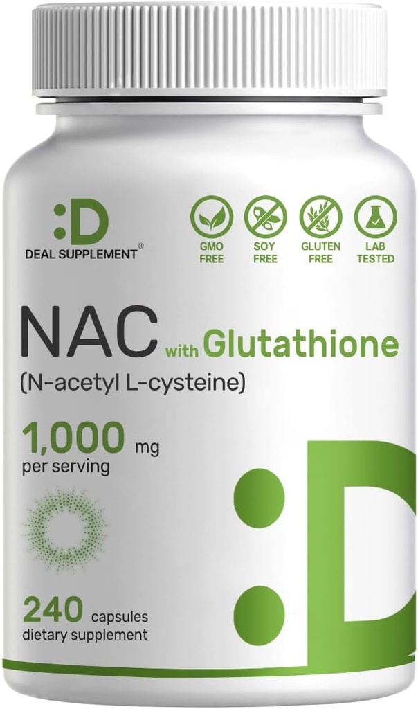 SUPPLÉMENT DE DÉAL Supplément NAC (N-acétyl Cysteine) 1 000 mg par portion avec du glutathion réduit, 240 Capsules – Soutien antioxydant pour la santé immunitaire, le poumon et la fonction hépatique