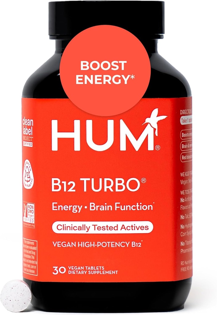 HUM B12 Turbo, Vitamin B12 Supplement, Daily Energy Support, Calcium for Bone Health, B-12 Vitamin Energy Supplements, Gluten Free, Vegan, Non GMO, 30 Vegan High Potency Tablets