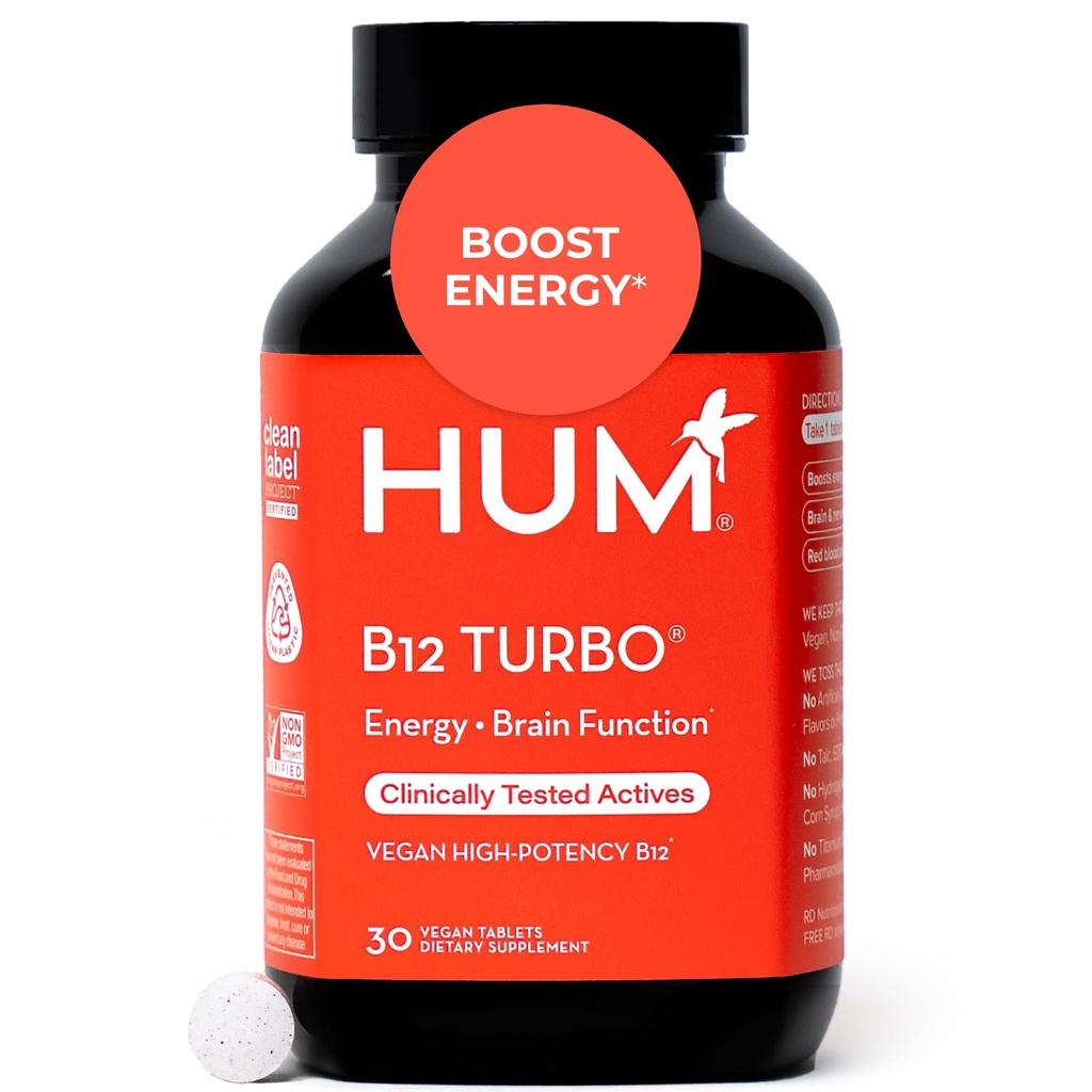 HUM B12 Turbo, supplément de vitamine B12, soutien énergétique quotidien, Calcium pour la santé des os, B-12 suppléments d'énergie de vitamine, sans gluten, végétalien, non OGM, 30 comprimés végétaliens à haute puissance