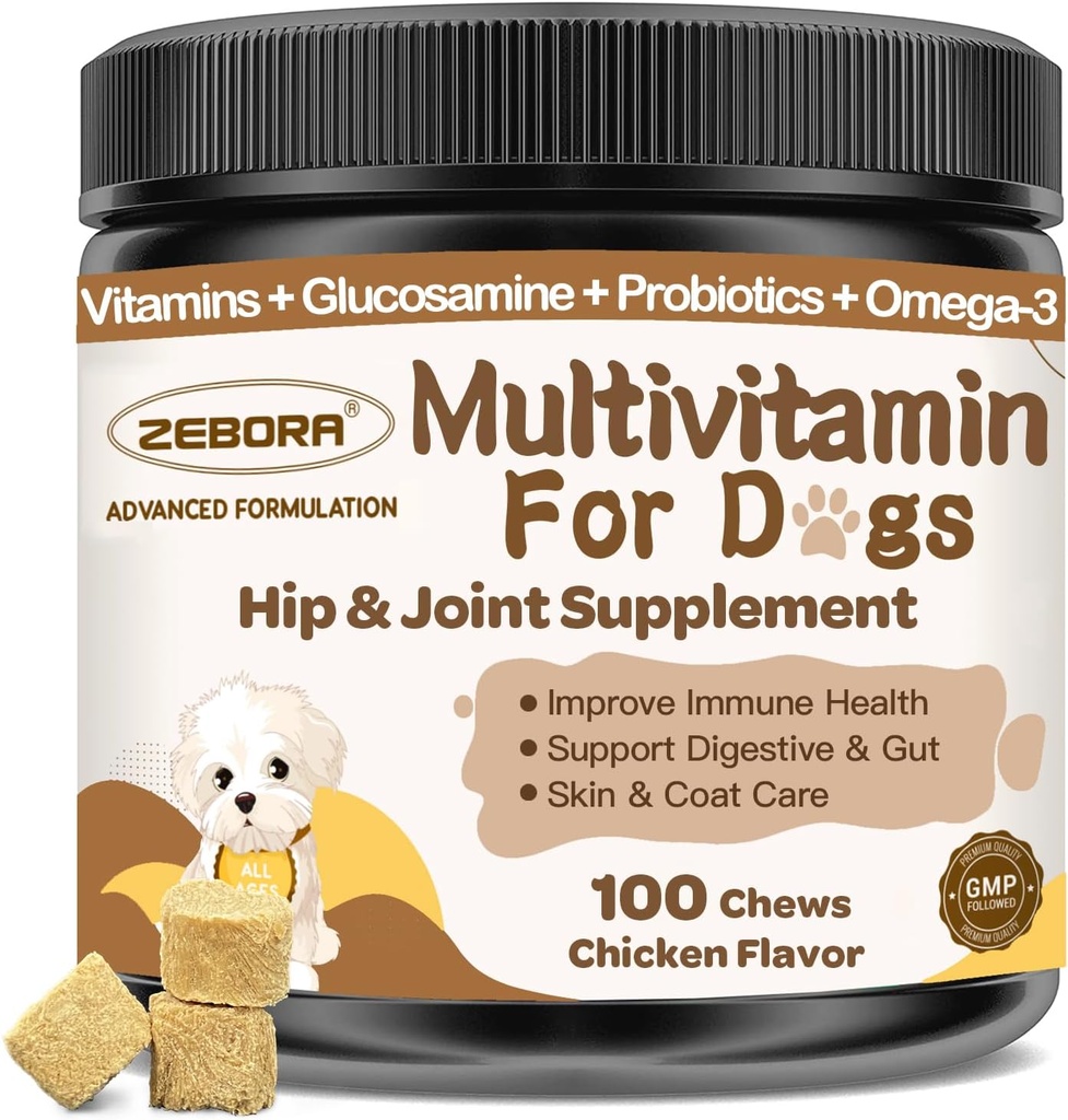 Multivitamine de chien avec minéraux pour la santé globale - Vitamines de chien et suppléments avec glucosamine, probiotiques pour chiots et chiens seniors avec minéraux - Omega 3 Huile de poisson pour la peau et le manteau - 100 Chews