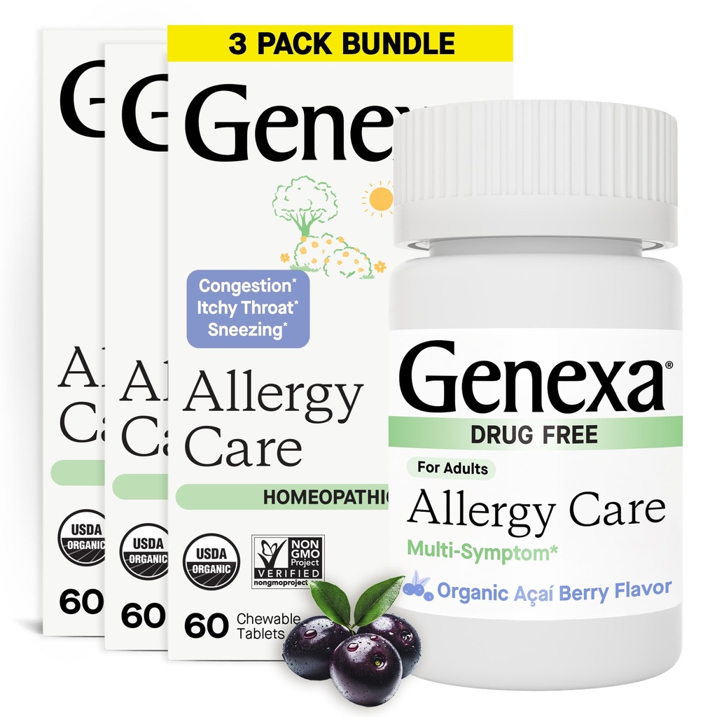 Soins allergènes Genexa , sans allergène, sans somnolence et soulagement des désodorisants pour les adultes , Végétaliens et non-OGM , anti-allergies homéopathiques fait propre , Acai biologique aromatisé 180 comprimés à croquer