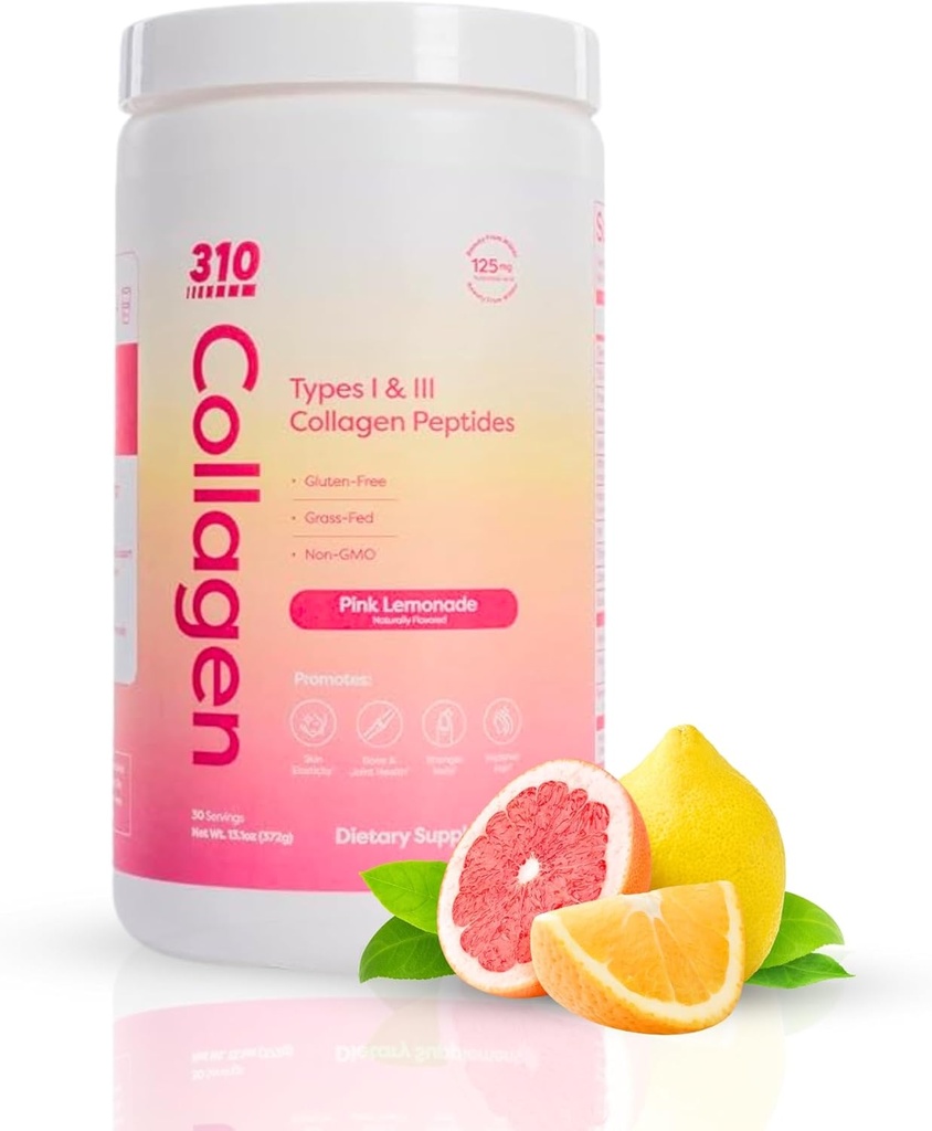 310 Nutrition Hydrolyzed Collagen Peptides Powder for Women & Men - Grass-Fed Collagen Supplement w/Hyaluronic Acid, Resveratrol, Vitamin C,D & E for Skin, Hair and Nails - 30 SRV Pink Lemonade