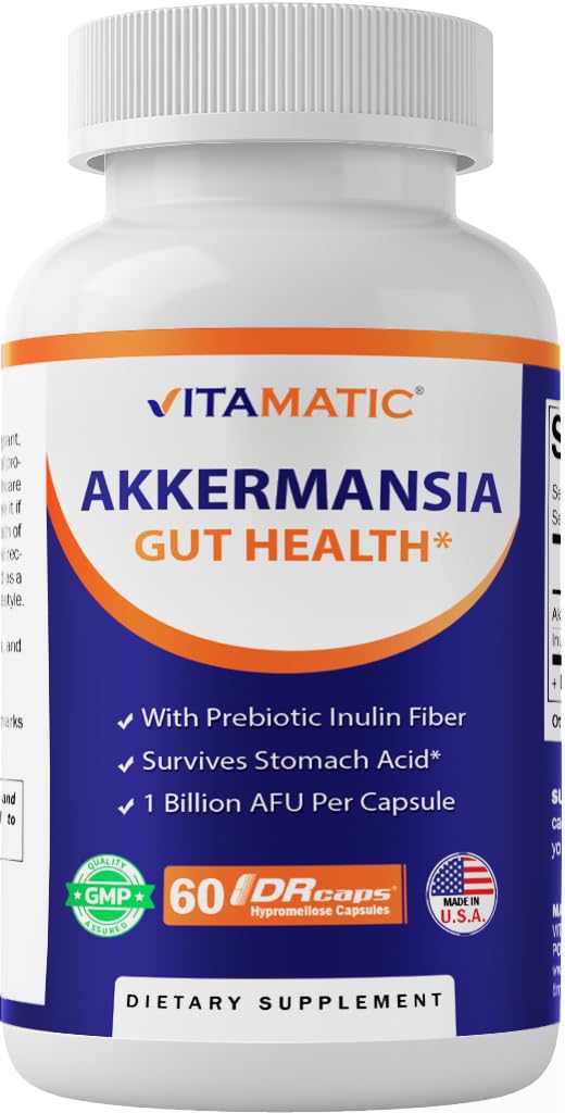Vitamatic Akkermansia Muciniphila Gut Health - 60 gélules DR (délaiées) - faites avec de la fibre d'inuline prébiotique