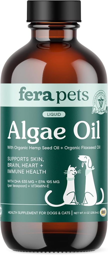 Animaux de compagnie Fera Huile d'algue - Chats et chiens Huile d'oméga 3 - Vegan - Immune, coeur, cerveau, peau et revêtement - Comprend vitamine E, graines de chanvre biologique et huile de lin - 100 % Oméga-3 à base végétale - 8 oz