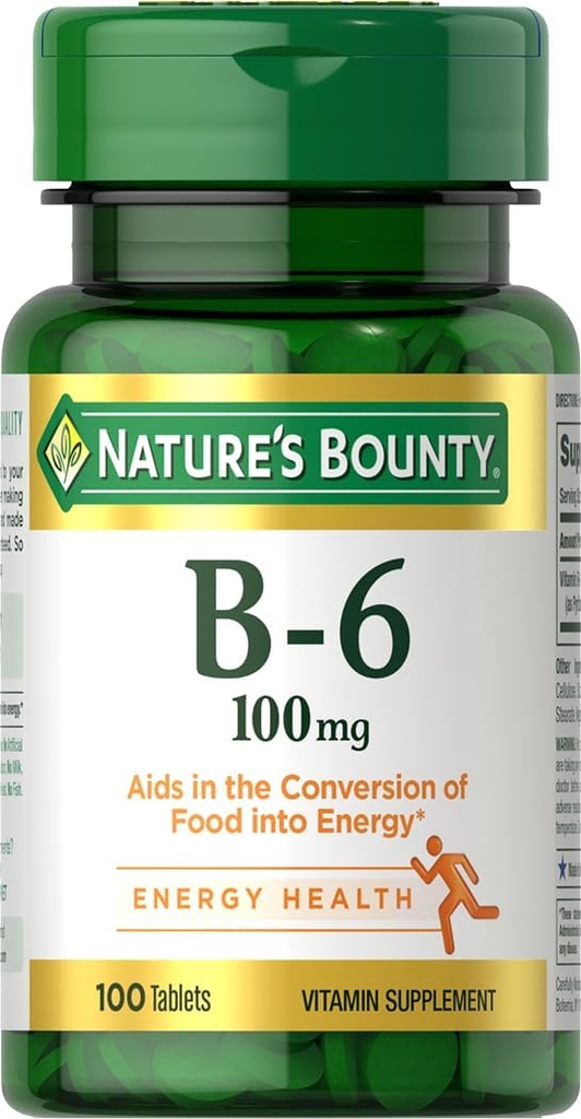 Nature's Bounty Vitamine B6 100mg Comprimés - soutient le métabolisme énergétique et la santé du système nerveux, 100 Ct