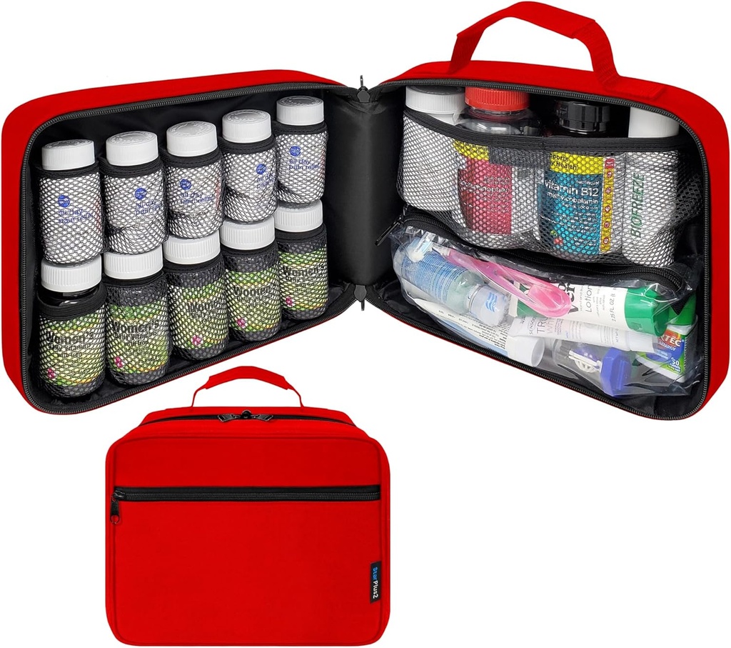 Grand organisateur de bouteilles de pilules rembourrées, sac de médecine, étui, porte-médicaments, vitamines et fournitures médicales avec des poches fixes - pour l'entreposage à domicile et les voyages - rouge (sans serrure)