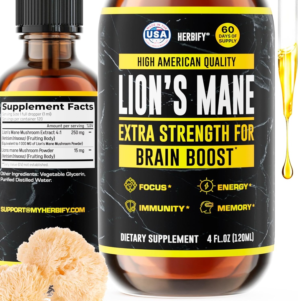HERBIFY Lions Mane Supplement - Daily Mushroom Supplement for Memory, Focus & Clarity - Brain Booster - Lions Mane Tincture for Immune Support - 4 Fl oz