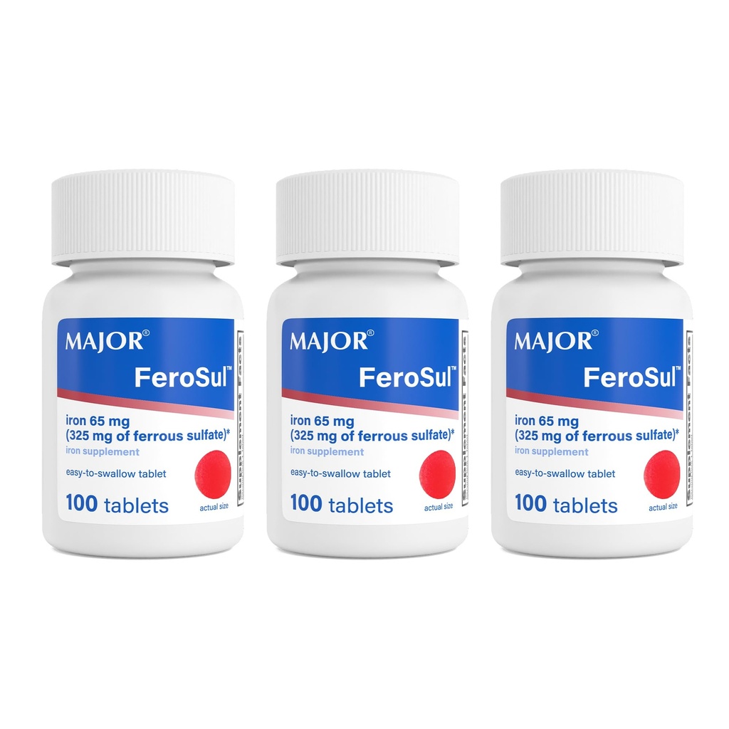 MAJOR Ferosul - Sulfate de fer 325mg Comprimés avec 65mg de fer élémentaire - Supplément en fer pour les femmes, les hommes - Rouge - 100 Compte (3 Pack)