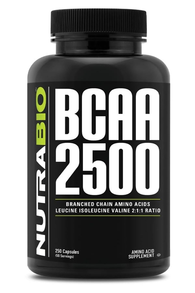 NutraBio – BCAA 2500 – Acides aminés à chaîne ramifiée – Soutenir une nouvelle croissance musculaire et prévenir la décomposition musculaire – 250 capsules