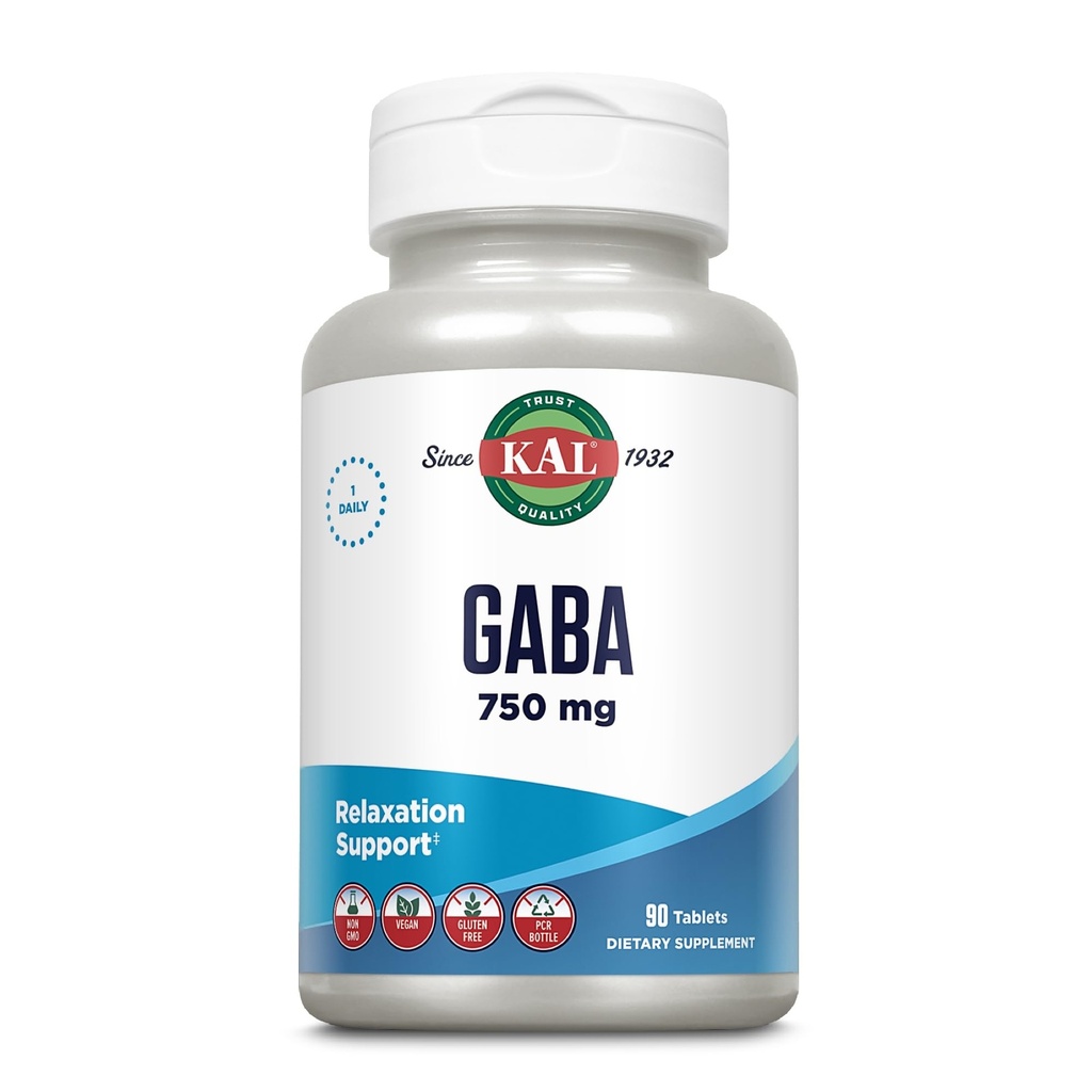 Supplément KAL GABA, Soutien à la relaxation, Suppléments GABA pour support anti-stress, Vegan, Non-OGM, Sans gluten, Vérifié en laboratoire, Garantie de remboursement de 60 jours, 90 portions, 90 comprimés