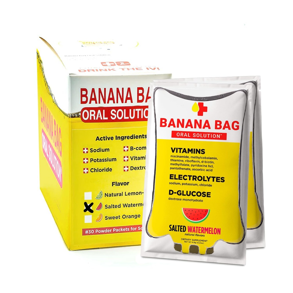 Sachet de banane Paquets de solution orale – Pastèque salée 30pk.Un mélange rafraîchissant d'électrolytes, de vitamine C et de complexe B pour l'hydratation et l'énergie. Pratique, facile à utiliser et parfait pour une utilisation quotidienne.