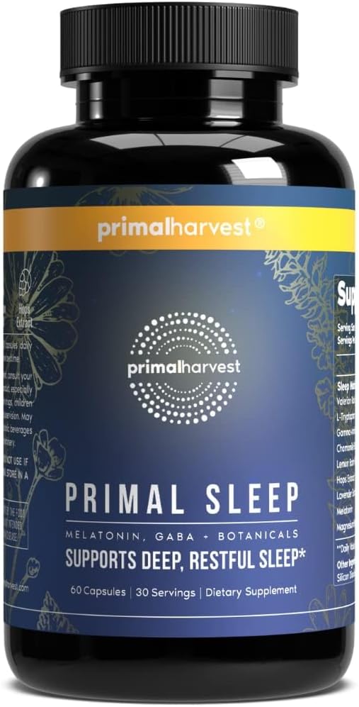 Primal Harvest Primal Sleep Support Supplement for Adults with Melatonin, GABA, Valerian Root, L-Tryptophan, Magnesium Bisglycinate Chelate, and Chamomile for Deep Restful Sleep