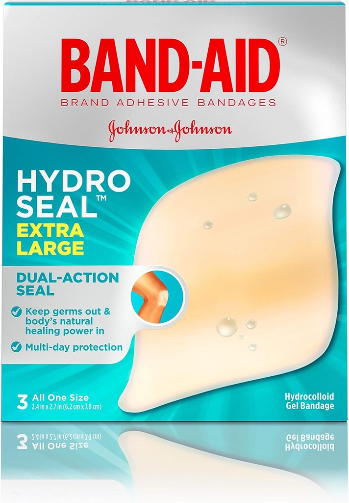 Bande-Aid de marque Hydro Sceau adhésif Hydrocolloïd Gel Bandages pour l'entretien de la plaie et le déverrouillage de la plaquette, tout usage imperméable et douche Plaquette thermoformée, stérile et longue durée, extra grande, 3 ct